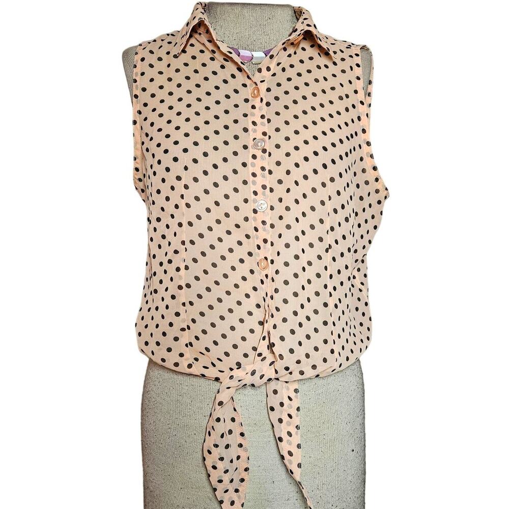 Peach Polka Dot Button Up Sleeveless Blouse Size Medium